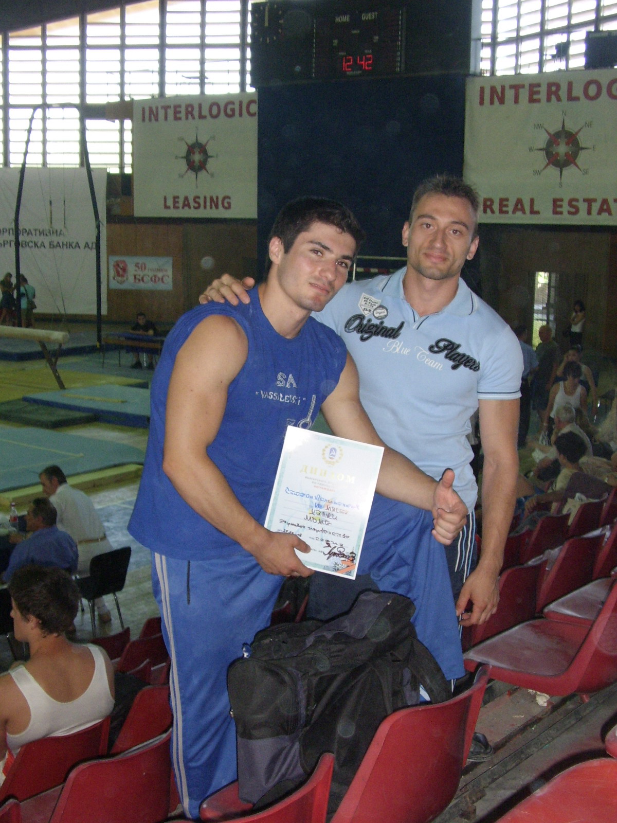 Stef and Vassil at the National Championships after the Men's  Rings Final