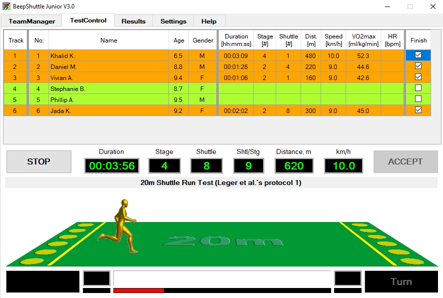Beep test software with audio and visual animation