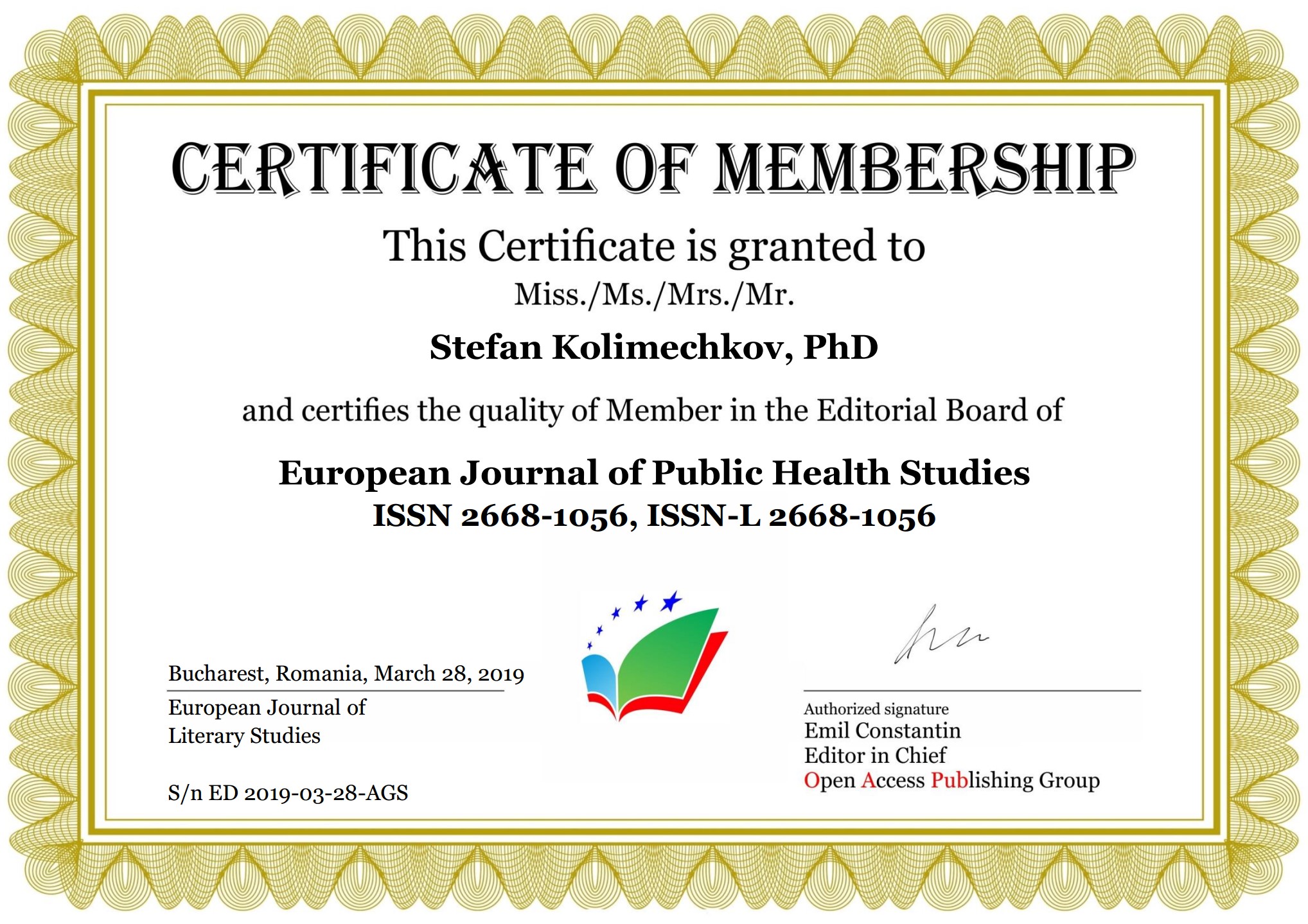 Dr Stefan Kolimechkov is the Editor-in-Chief of the European Journal of Public Health Studies (ISSN: 2668-1056)
