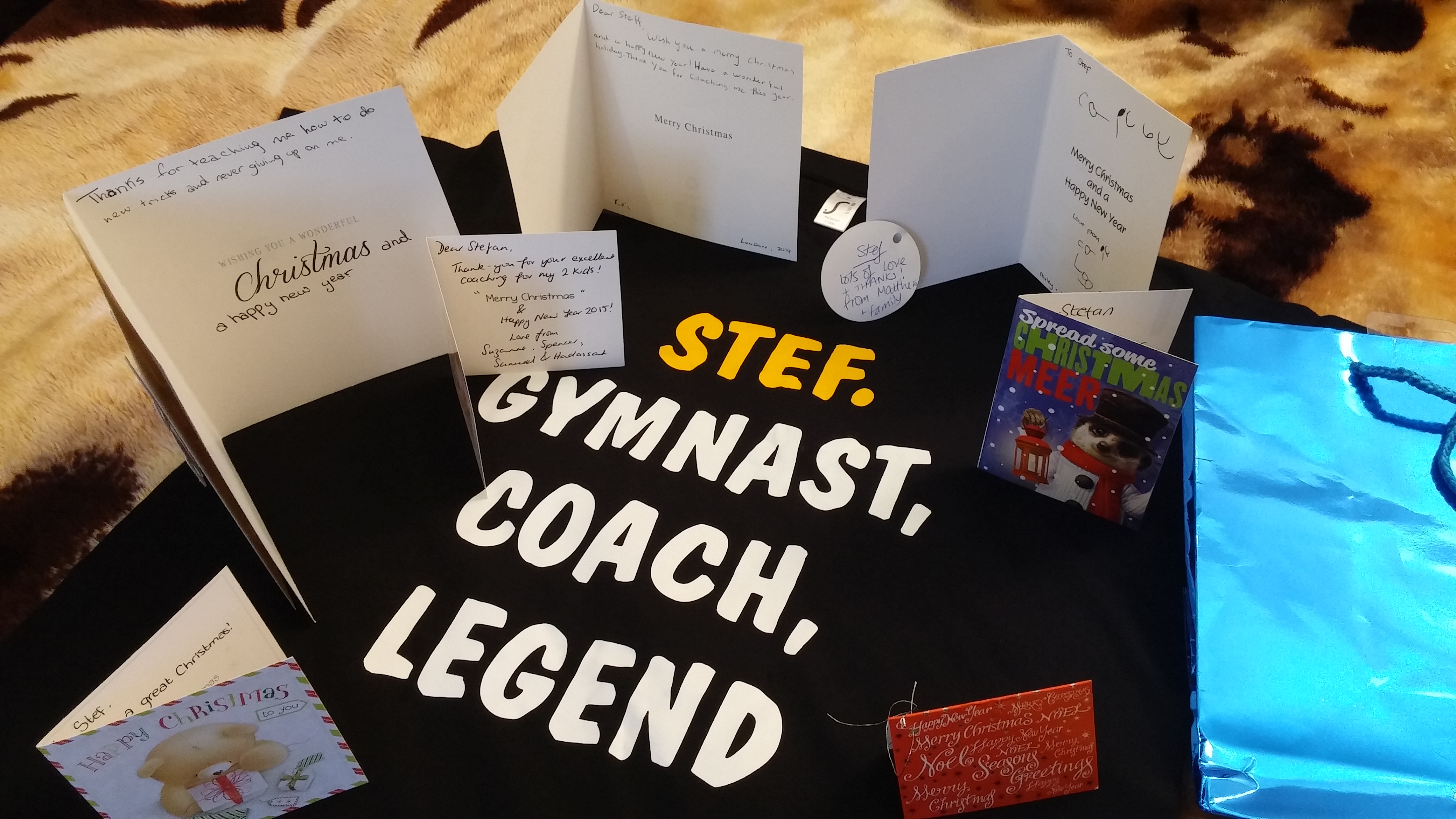 Presents for gymnastics coach Stef from the Elite Gymnastics Club in London