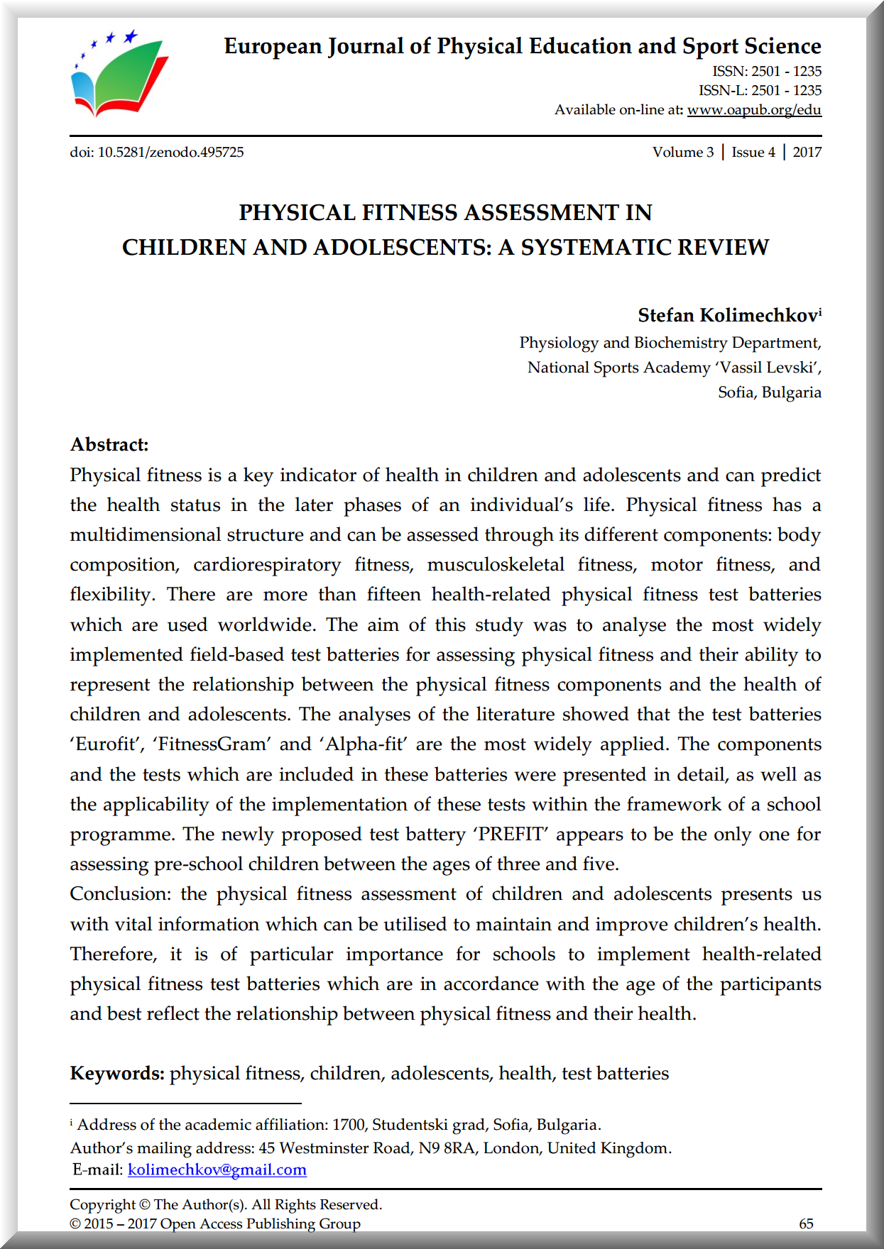 Physical Fitness Assessment in Children and Adolescents: A Systematic Review (2017)
