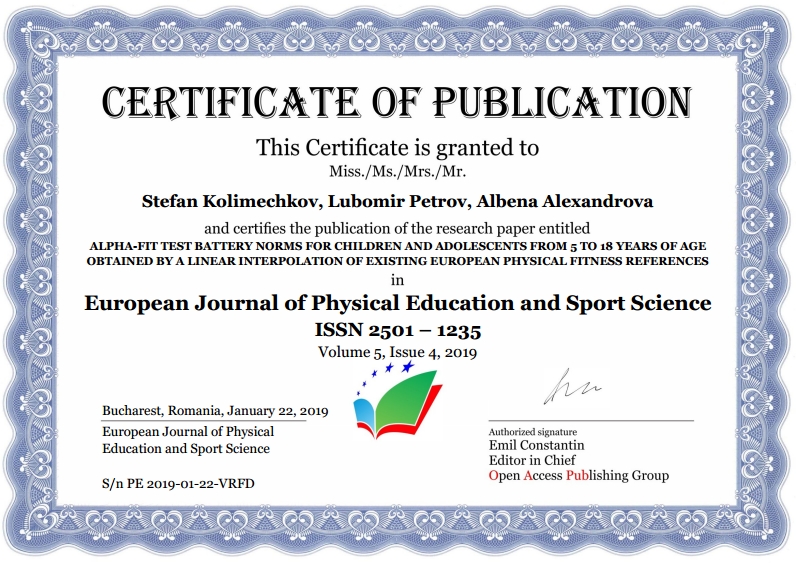 Certificate of Publication - Kolimechkov, Petrov and Alexandrova
