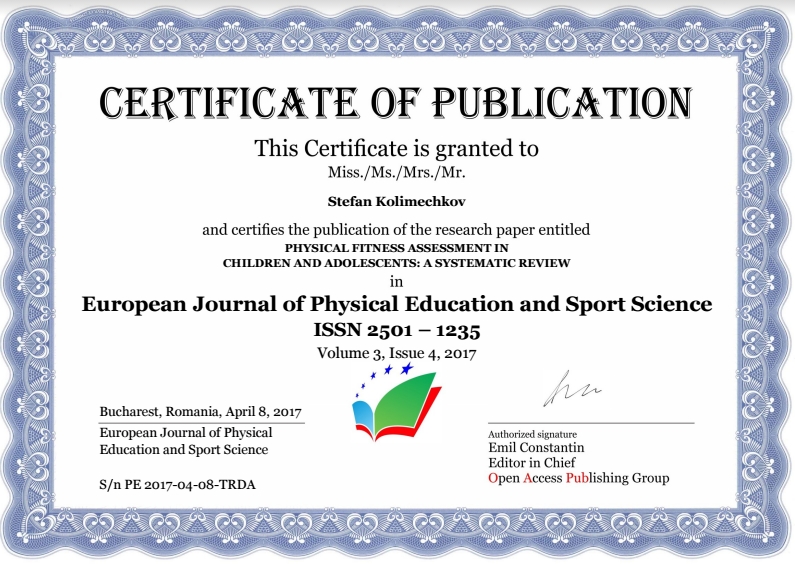 Certificate of Publication - Stefan Kolimechkov