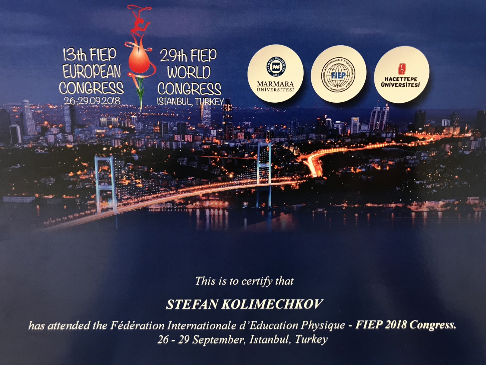 Dr Kolimechkov - certificate of participation at the 13th FIEP European Congress