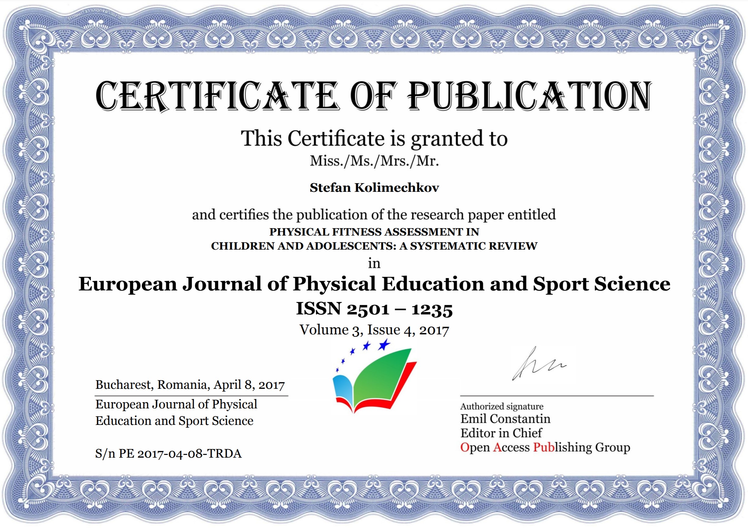 Physical fitness assessment in children and adolescents: a systematic review - Certificate of Publication