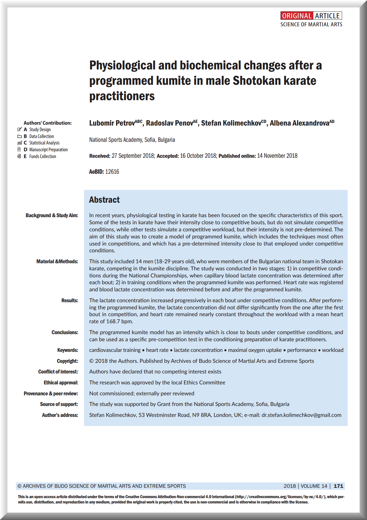 Physiological and Biochemical Changes After a Programmed Kumite in Male Shotokan Karate Practitioners (2018)
