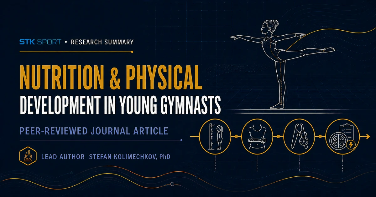 STK SPORT research graphic showing a young gymnast balance with physical development and nutrition assessment icons