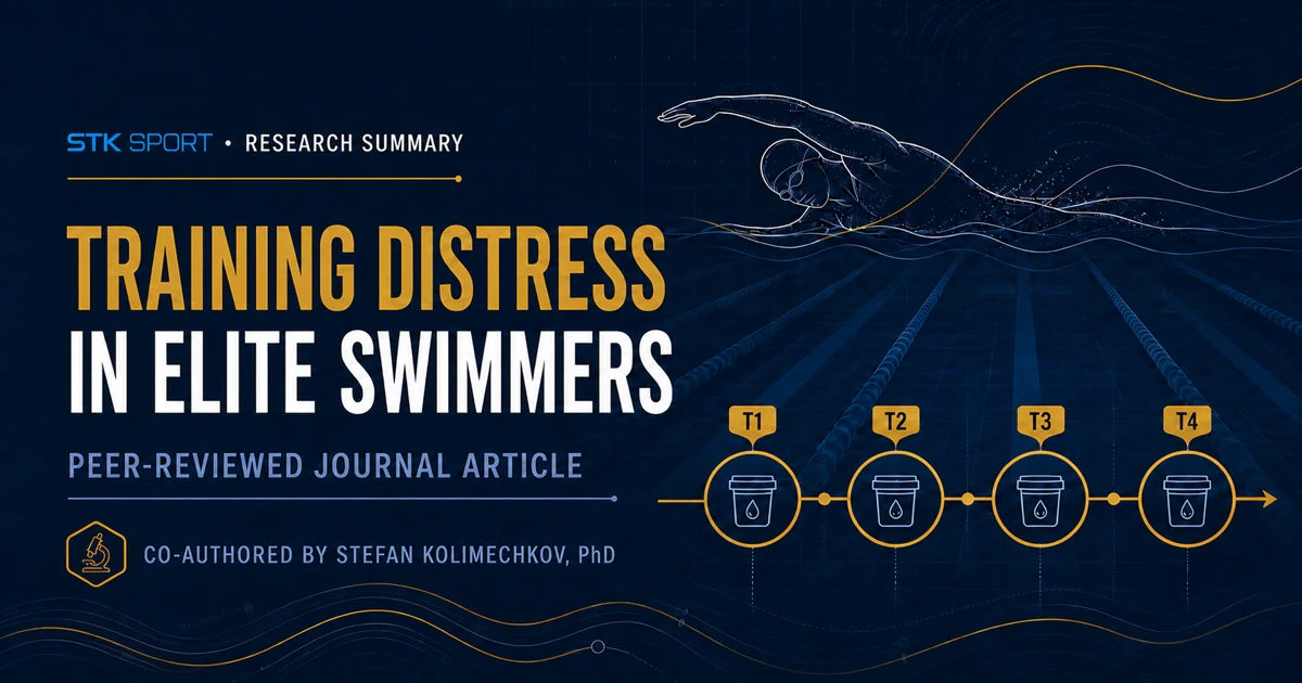 STK SPORT research summary graphic showing an elite swimmer and four urine-monitoring points across the six-week training-distress study