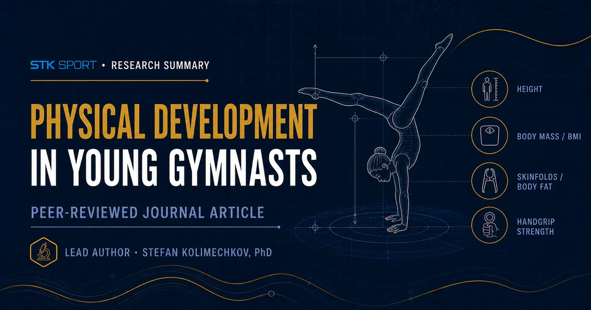 STK SPORT research summary graphic illustrating physical development assessment in young artistic gymnasts, including height, BMI, skinfold and handgrip measurements